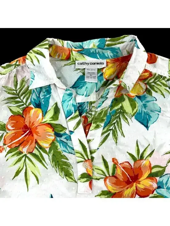 Vintage Cathy Daniels Tropical Hibiscus Short Sleeve Top - Picture 4 of 8